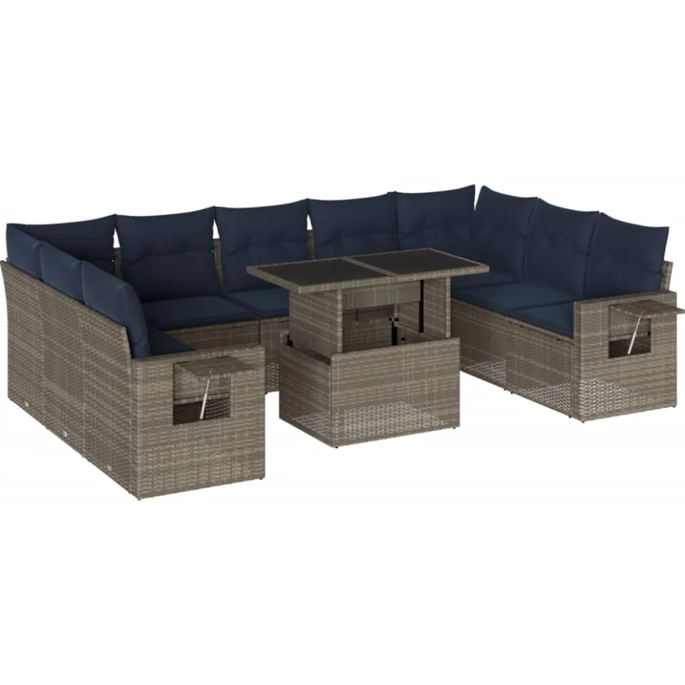 vidaXL 10-delige tuinbankset met kussens, grijs polyrotan, foto 3