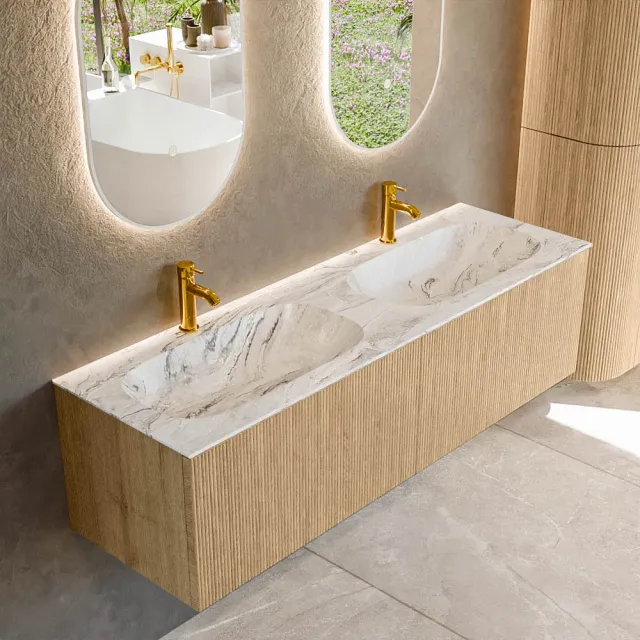 Mondiaz KURVE-DLUX 150 cm Onderkast Greeploos 2 Lades Zonder Deuren Oak, Wastafel Solid Surface Dubbel Glace 2 Kraangaten Zonder Spiegel (KRVSTS1502L0D2KD-Oak/Gla)