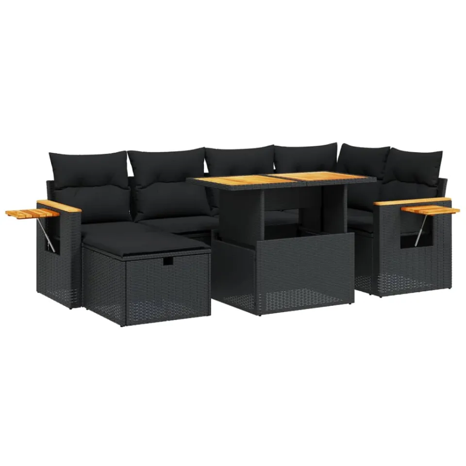 vidaXL 7-delige Loungeset met kussens poly rattan zwart, foto 3