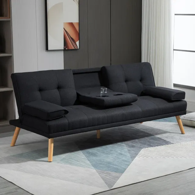 HAUSS SPOLE Slaapbank - 3-Zits Bedbank Met Klaptafel En Bekerhouders - Verstelbare Rugleuning Voor Woonkamer - Polyester Grijs