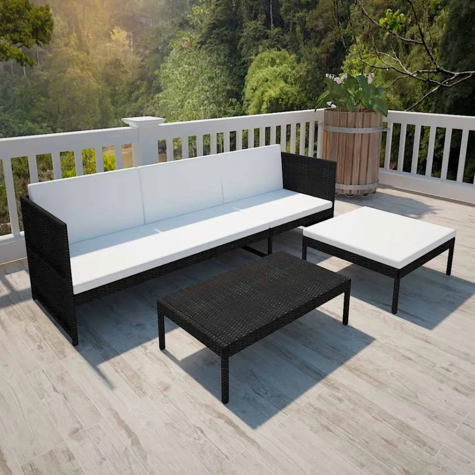 vidaXL 3-delige Loungeset met kussens poly rattan zwart