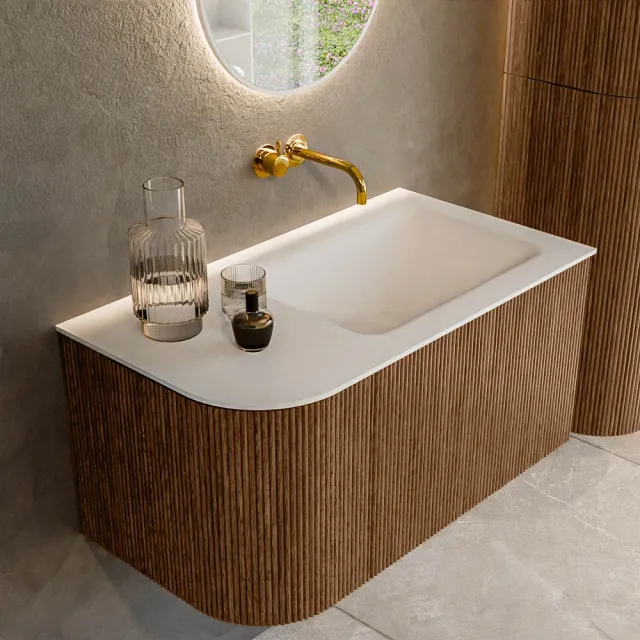 Mondiaz KURVE 85 cm Onderkast Greeploos 1 Lade Met Deuren Walnut, Wastafel Solid Surface Rechts Talc 0 Kraangaten Zonder Spiegel (KRVCLO85L1L1D0KR-Wal/Tal)