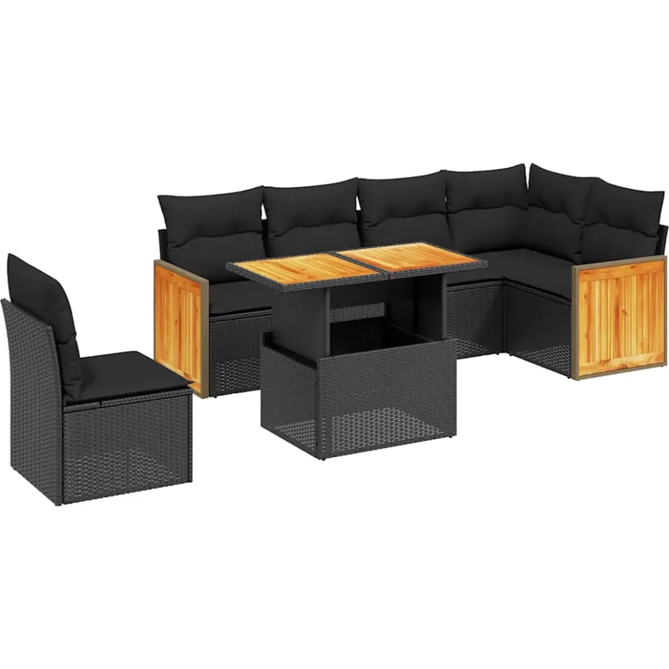 vidaXL 7-delige Loungeset met kussens poly rattan zwart, foto 3