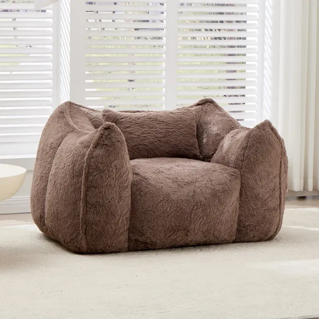 Vankel Zitzak Fauteuil van Imitatie Konijnenbont - Ergonomische Rugleuning - Gevuld met Hoogwaardig Versnipperd Schuim - Zachte Loungestoel voor Woonkamer en Slaapkamer - Max. Belastbaar tot 200 kg-Koffiebruin