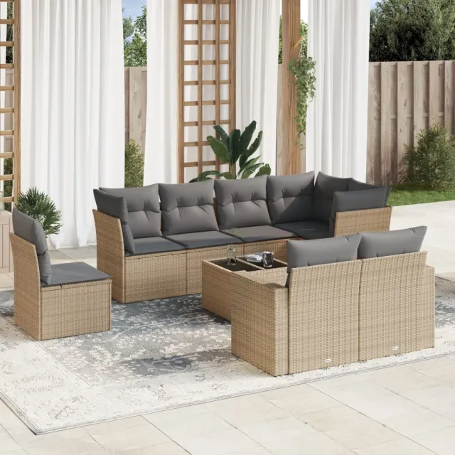 vidaXL 9-delige Loungeset met kussens poly rattan beige, foto 2