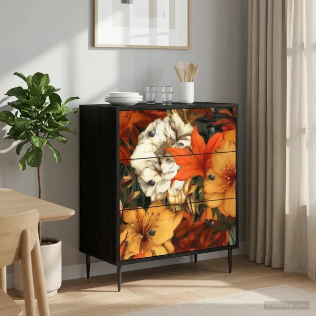 vidaXL Ladekast GENNEP Lelieprint 66 x 36,5 x 76 cm Bewerkt hout Zwart