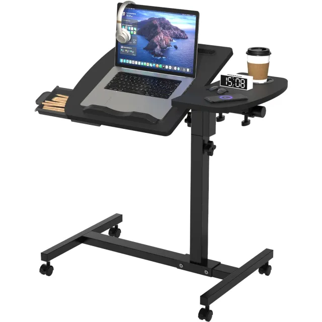 Arvioo Verrijdbare laptoptafel - kantelbaar - met lade-bekerhouder-wielen - zwart 60x40cm