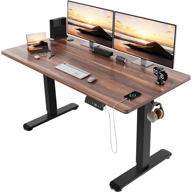 Production of Ideas Elektrisch Bureau - In Hoogte Verstelbaar - Zit-Sta Bureau - 140x70cm - Bruin - Handbediening Met USB