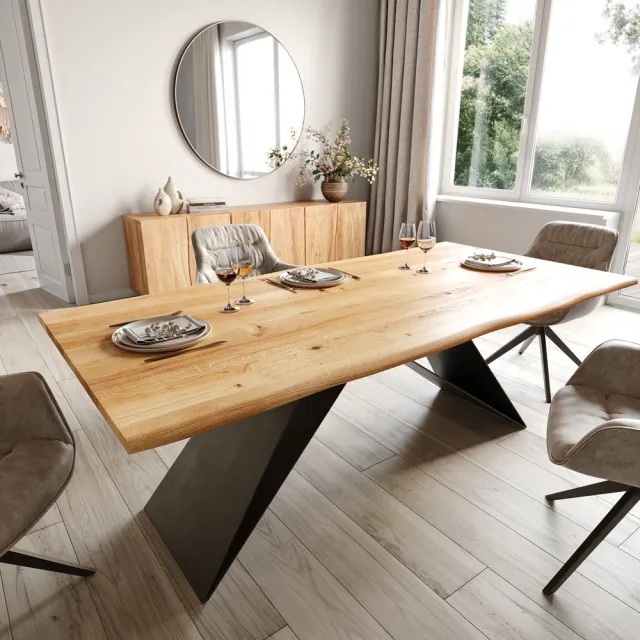 DELIFE Eettafel Edge eiken natuur 200x100x2,5-3 V-frame staal zwart Live-Edge Bruin