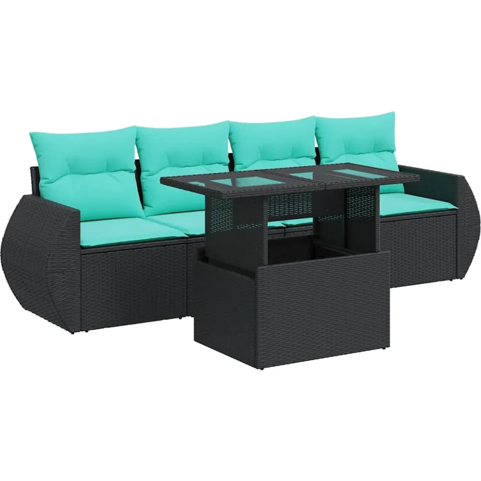 vidaXL 5-delige Loungeset met kussens poly rattan acacia zwart, foto 3