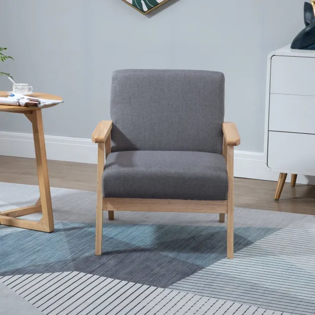 MODFU Fauteuil - Armleuningen - Scandinavisch - Woonkamer - Hout En Linnenlook - Grijs - 64 x 70 x 72 cm