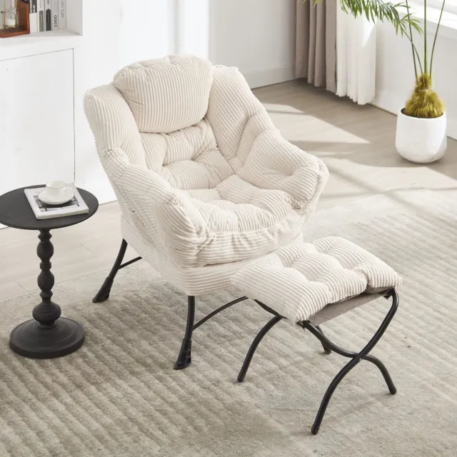 REDOM Fauteuil met hocker - Stalen frame - Met armleuningen en zijvak - Ergonomische rugleuning - Lounge - Woonkamer of slaapkamer - Stof - Wit - 95 x 80 cm