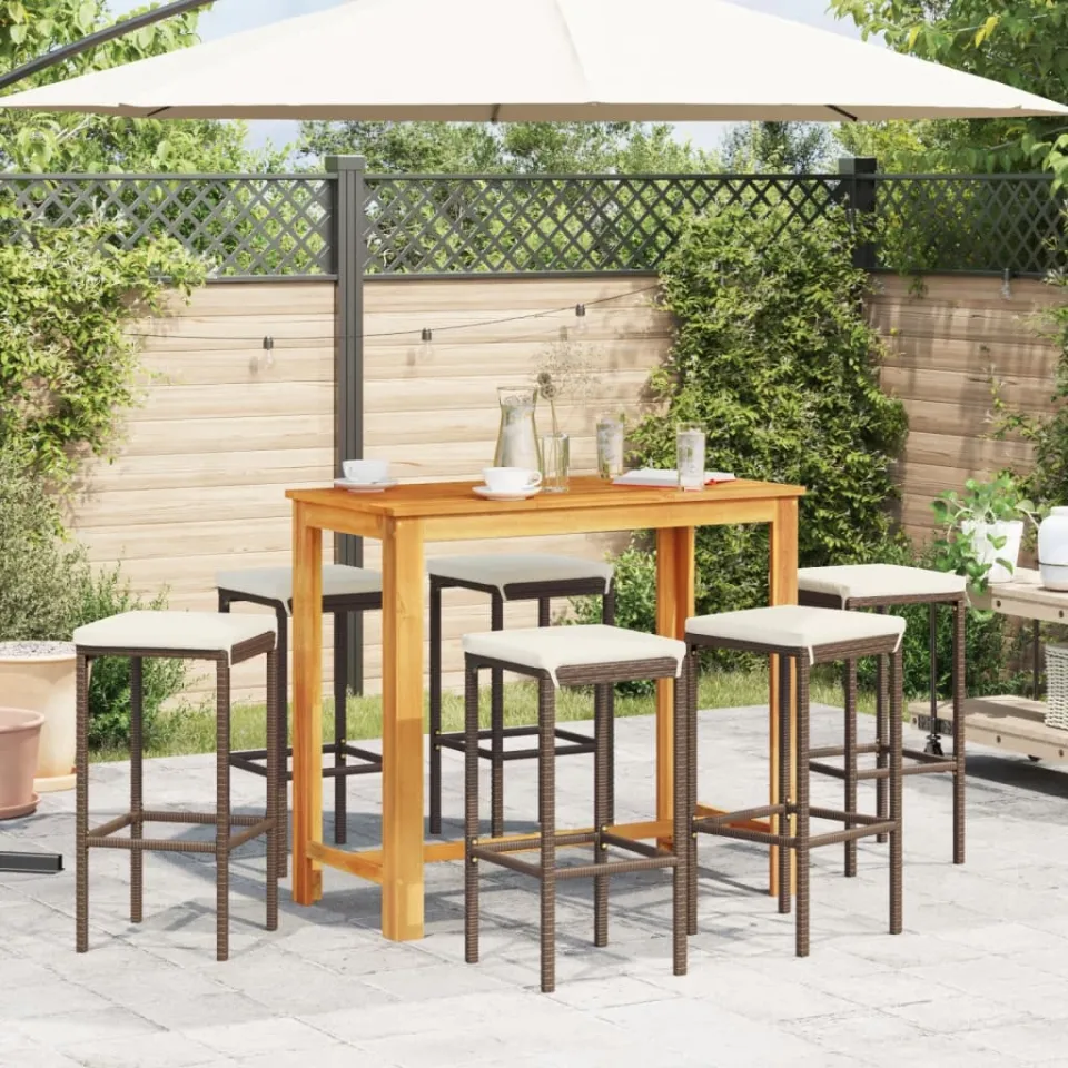 vidaXL 7-delige Tuinbarset massief acaciahout en poly rattan bruin, foto 2