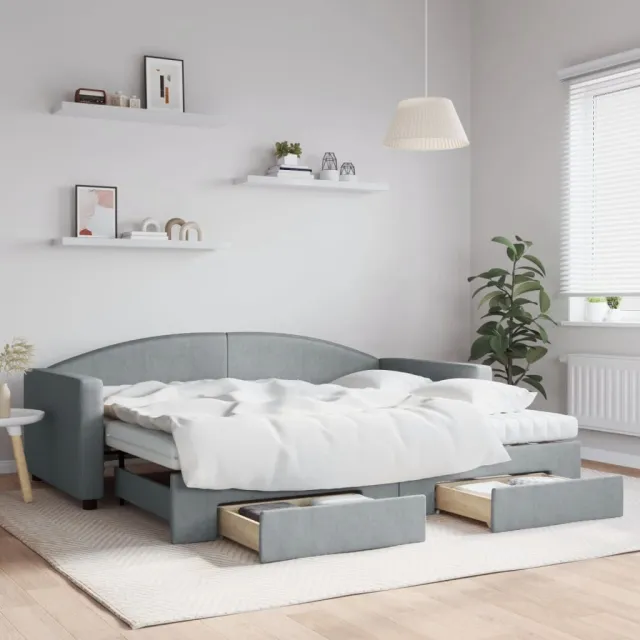 vidaXL Slaapbank met onderschuifbed en lades 90x200 cm stof lichtgrijs grijs