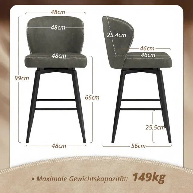 GARDEN HOUSE GARAGE Barkrukken Set van 2 – House&Garden Milano Draaibare Barkruk met Rugleuning – 66 cm Zithoogte – Donkergrijs Kunstleer – Metaal Frame – Mid-Century Design