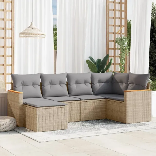 vidaXL 6-delige Loungeset met kussens poly rattan beige, foto 2