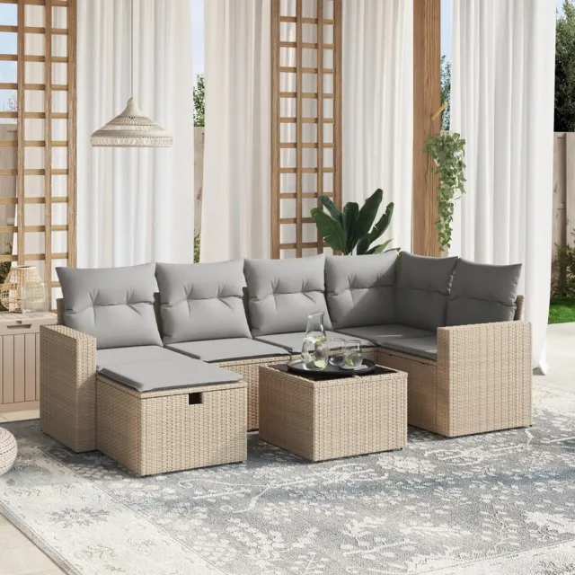 vidaXL 7-delige Loungeset met kussens poly rattan gemengd beige, foto 2