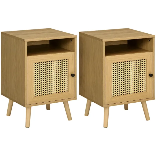 Billie & Loïs set van 2 nachtkastjes - Naturel houtlook - Rotan deuren - Praktisch - Stevige constructie - 39 x 35 x 60 cm