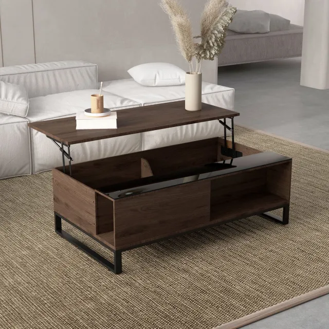 OKWISH Salontafel – Opklapbaar en Hoogteverstelbaar – Met Opbergruimte – Modern – Walnoot met Zwart Metalen Frame – 102 × 58 × 35,5 cm Walnoot, Zwart