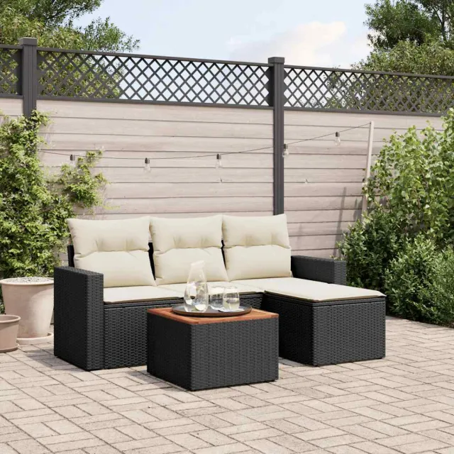 vidaXL 5-delige Loungeset met kussens poly rattan zwart, foto 2