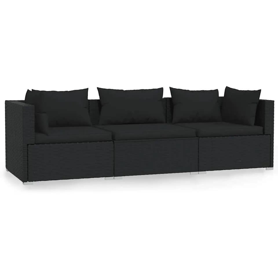 vidaXL Driezitsbank met kussens poly rattan zwart, foto 3