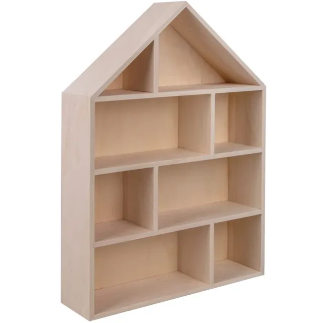 RAYHER houten vitrinehuis, 30 x 43 x 8 cm, 8 vakken, om op te hangen, houten kist in huisvorm, FSC-gecertificeerd, om te knutselen en te beschilderen, 64507505, naturel multi