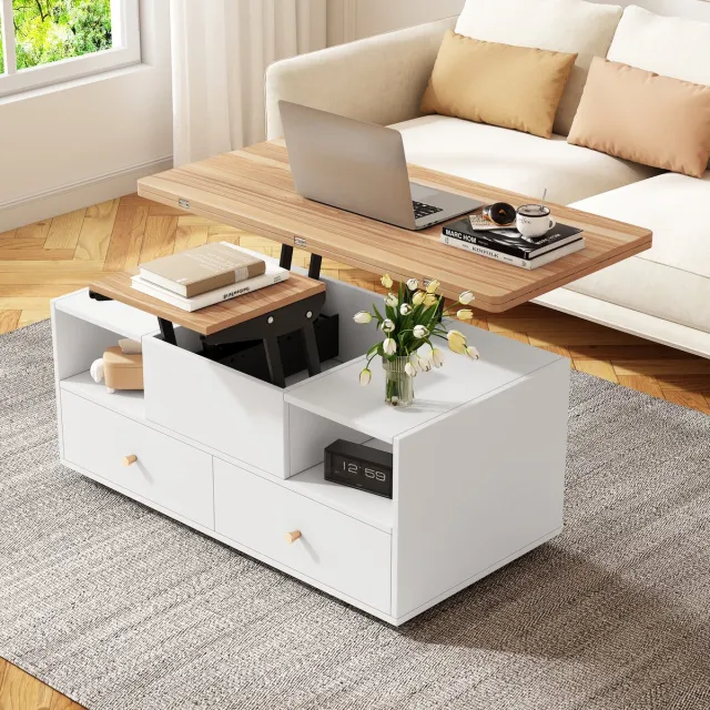 Merax Verstelbare salontafel 100 x 50 x 47,5 cm - opvouwbare koffietafel met lade - sofatafel met zwenkwielen - wit met houten tafelblad Houtkleur