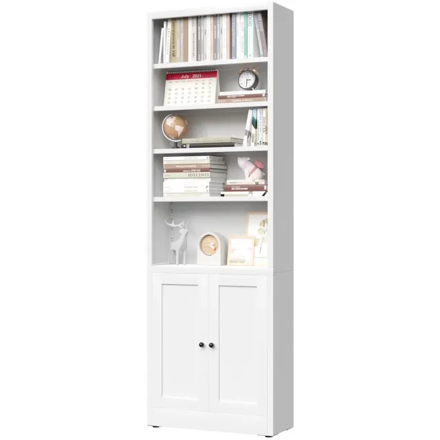 Pugsdrly Metalen boekenkast met 5 planken en een deur, industriële witte boekenkast met verstelbare planken, afmetingen H 180 × B 60 × D 23,6 cm, geschikt voor de woonkamer, het kantoor en de bibliotheek, modern woonmeubilair
