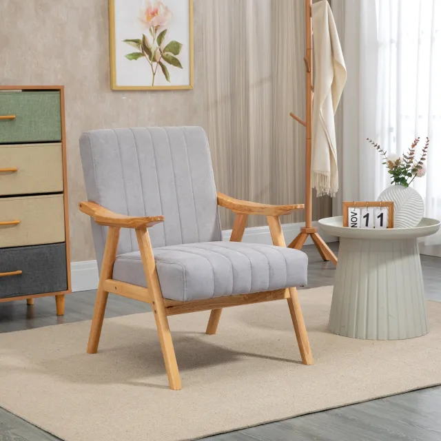 HAUSS SPOLE Fauteuil - Gestoffeerde Loungestoel met Armleuningen - Zachte Zitting - voor Woonkamer en Slaapkamer - Hout en Polyester - Lichtgrijs