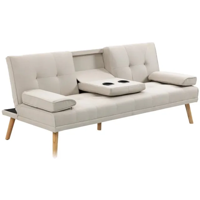 ZYLARO Slaapbank 3-zits - Kantelbare Rugleuning Met Klaptafel - Twee Armleggers - Linnenlook - 181 x 77 x 78 cm - Beige