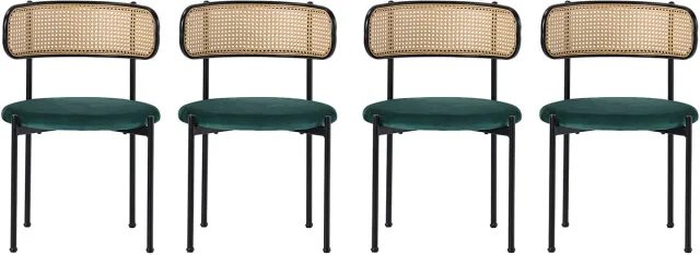 MUVANO Fluwelen Eetkamerstoelen Set Van 4 - Groene Stoel Met Rotan Rugleuning - Moderne Vrijetijdsstoel - 6,5kg - 150kg Draagvermogen - Woonkamer Groen