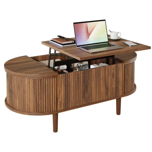 Clruro Salontafel - Verstelbaar - Ovaal Opbergruimte Vintage Massief Houten Poten - Multifunctioneel - Massief Hout Walnoot