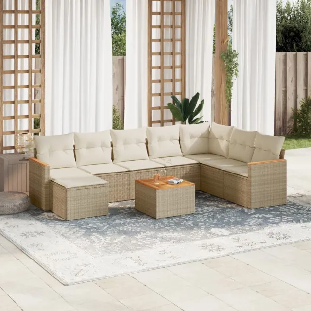 vidaXL 9-delige Loungeset met kussens poly rattan beige, foto 2