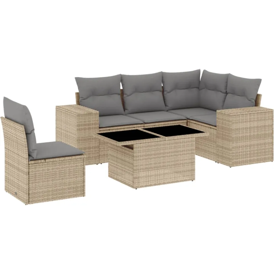 vidaXL 6-delige Loungeset met kussens poly rattan beige, foto 3