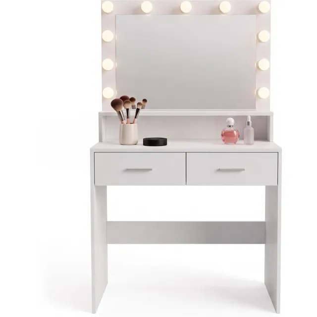 Infinity Goods Kaptafel - Make Up Tafel - Met Spiegel en 11 LED Lampen - Veel opbergruimte - Dimbaar - Wit