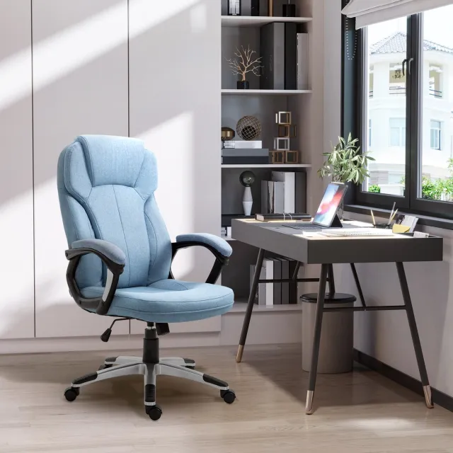 OKWISH Bureaustoel - Ergonomisch Hoogteverstelbaar Met Vaste Armleuningen - Hoge Rugleuning Voor Kantoor En Thuis - Linnen - Lichtblauw Light Blue