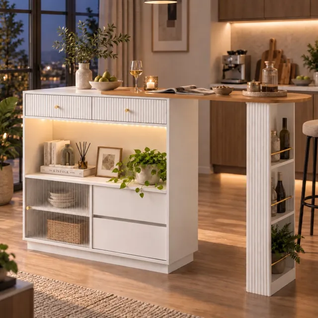 OKWISH Bartafel Uitschuifbaar Tot 183 Cm 360 Graden Draaibaar Met Ledverlichting Keukeneiland Met Opbergruimte Spaanplaat Wit 120 Bij 30 Bij 100 Cm