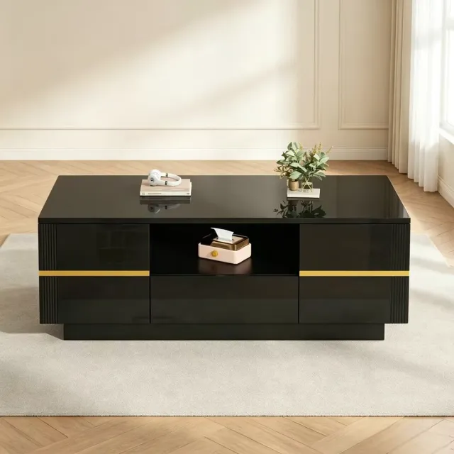 DESMIU Salontafel - Moderne Hoogglans Koffietafel Met 2 Deuren, 1 Lade En Open Vak - Voor Woonkamer - MDF - 100x50x35,5 Cm - Zwart Gouden Accenten