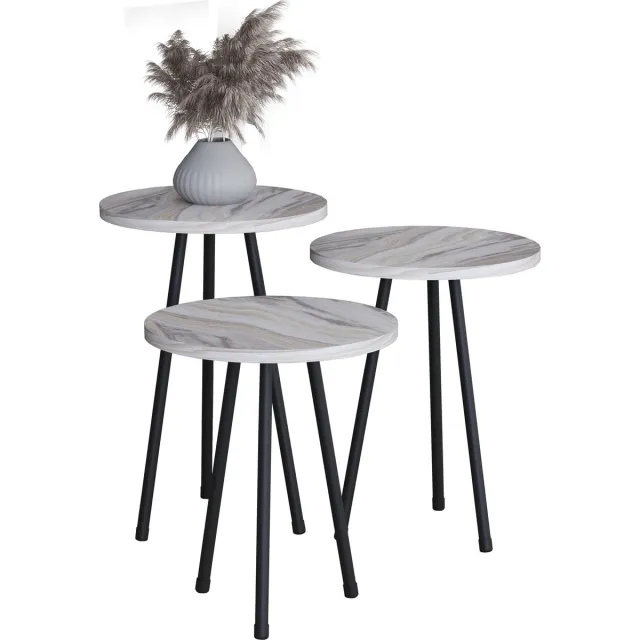 Vcm 3-delige set hout ronde bijzettafel marmer look salontafel bank tafel woonkamer tafel Mirola Wit