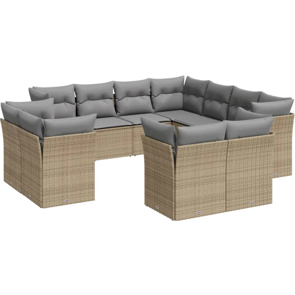 vidaXL 11-delige Tuinset met kussens poly rattan beige