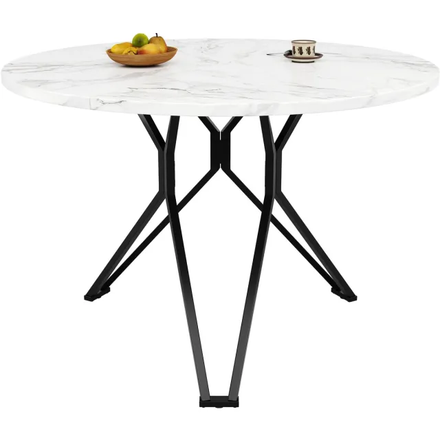 Merax Ronde Eettafel 100 X 100 X 76 Cm – Marmerlook MDF Tafelblad – Zwart Metalen Onderstel – Keukentafel Voor 4 Personen Wit