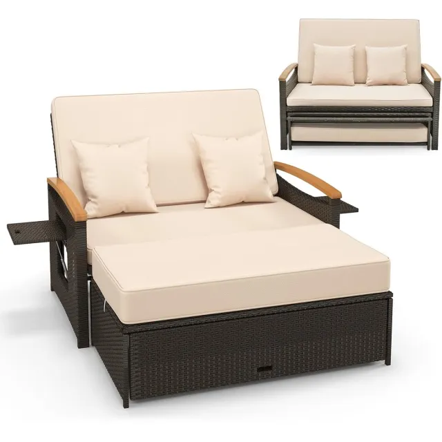 Costway 3-in-1 polyrotan zonnestoel, tuinligstoel met verstelbare rugleuning en uitklapbaar zijplateau, loungebed, dubbel bed met kussen, tuinbank met kruk voor tuin, terras Beige