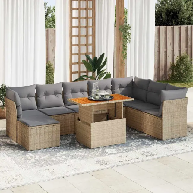 vidaXL 9-delige Loungeset met kussens poly rattan beige, foto 2