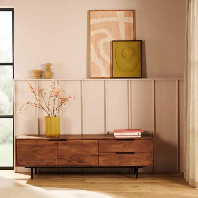Woonexpress TV-meubel Flack - Acaciahout Bruin - 2 Lades, 2 Deuren - Retro Design Bruin/Hout - Bruin