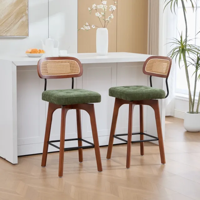 Pugsdrly Set van 2 om 360° draaibare barkrukken, keuken- en ontbijtbarstoelen met rugleuning, rugleuning van rotan met gestoffeerde zitting, barkrukken in moderne mid-century-stijl (groen, chenille)