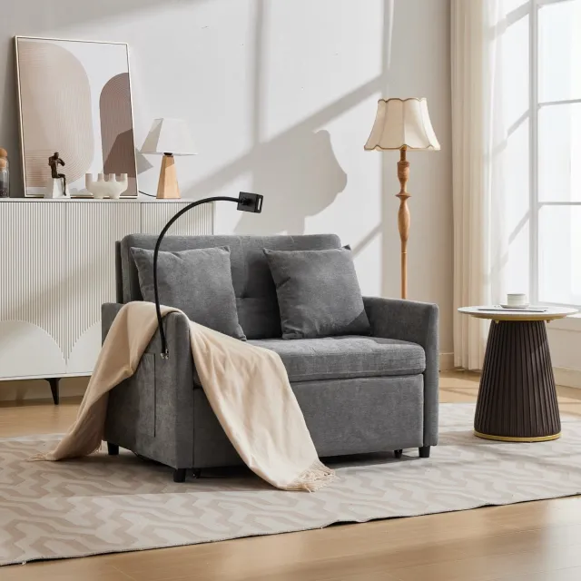 REDOM Slaapbank - 1-zits uitklapbaar ontwerp - USB-oplaadpoort en tablethouder - Moderne stijl - Woonkamer en kantoor - Polyester - Grijs - 109 x 72 x 83,5 cm