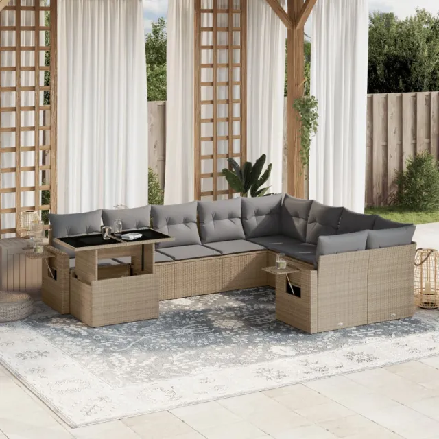 vidaXL 10-delige Loungeset met kussens poly rattan beige, foto 2