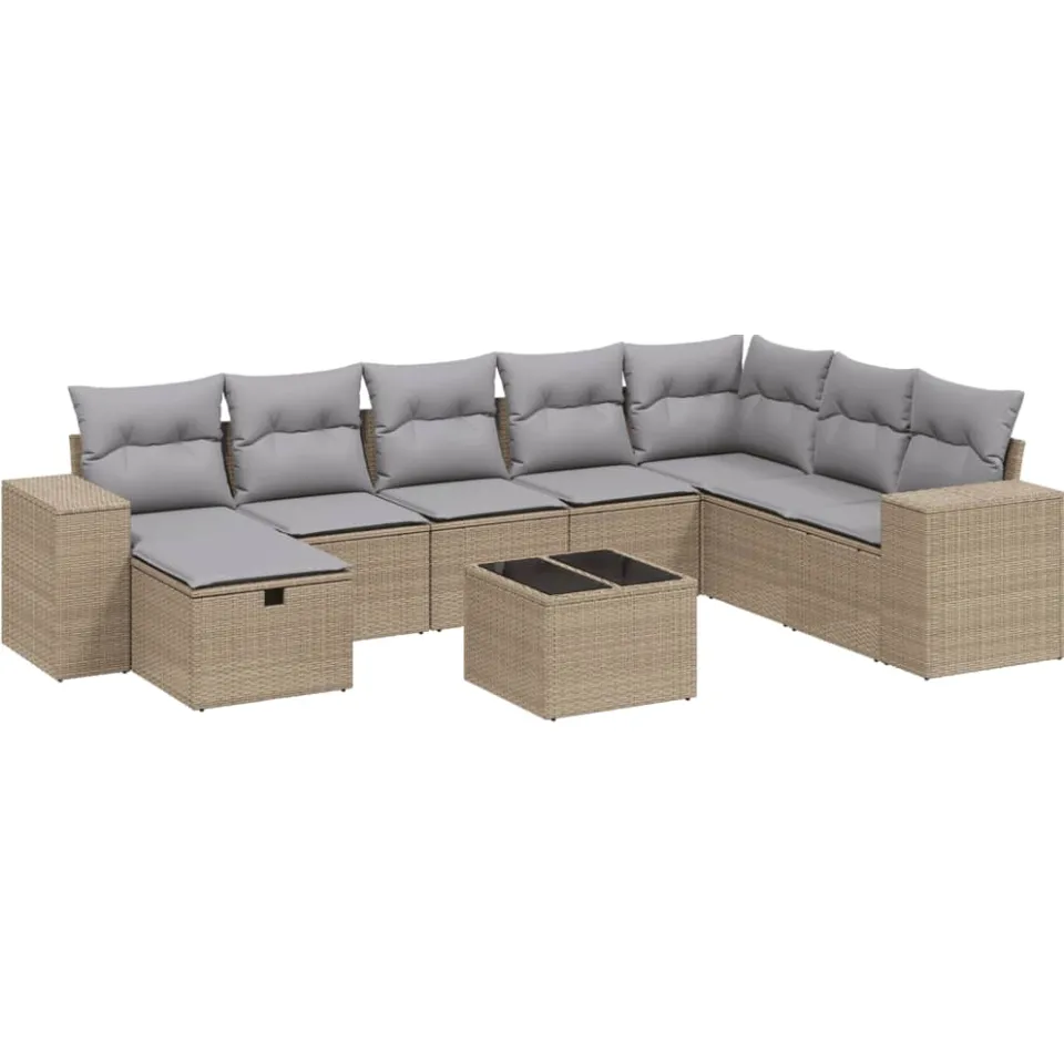 vidaXL 9-delige Loungeset met kussens poly rattan gemengd beige
