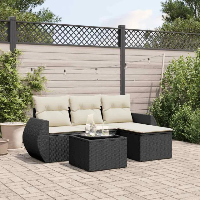 vidaXL 5-delige Loungeset met kussens poly rattan zwart, foto 2