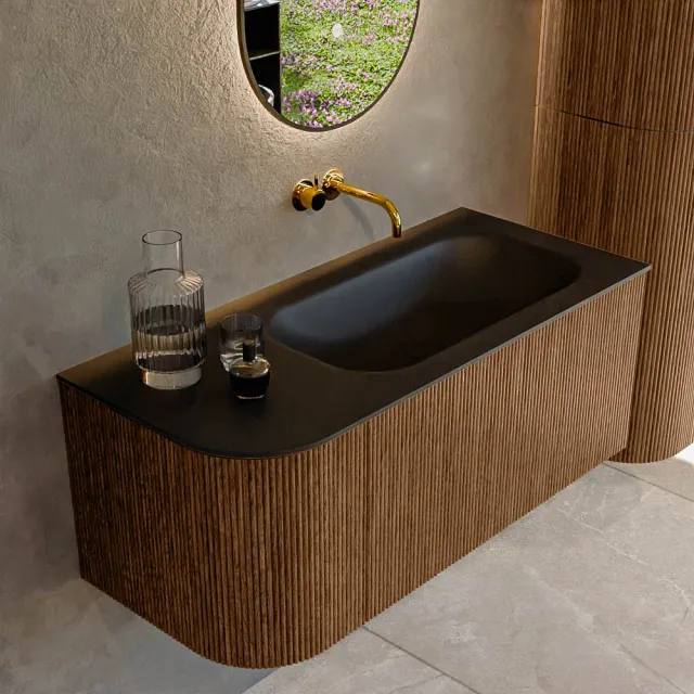 Mondiaz KURVE 105 cm Onderkast Greeploos 1 Lade Met Deuren Walnut, Wastafel Solid Surface Rechts Urban 0 Kraangaten Zonder Spiegel (KRVBGS105L1L1D0KR-Wal/Urb)